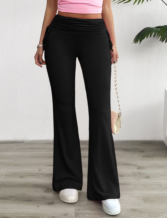Damen nan weiche Palazzo-Loungehose mit Umschlagbund, seitlichen Kordelzügen und ausgestelltem Bein EB