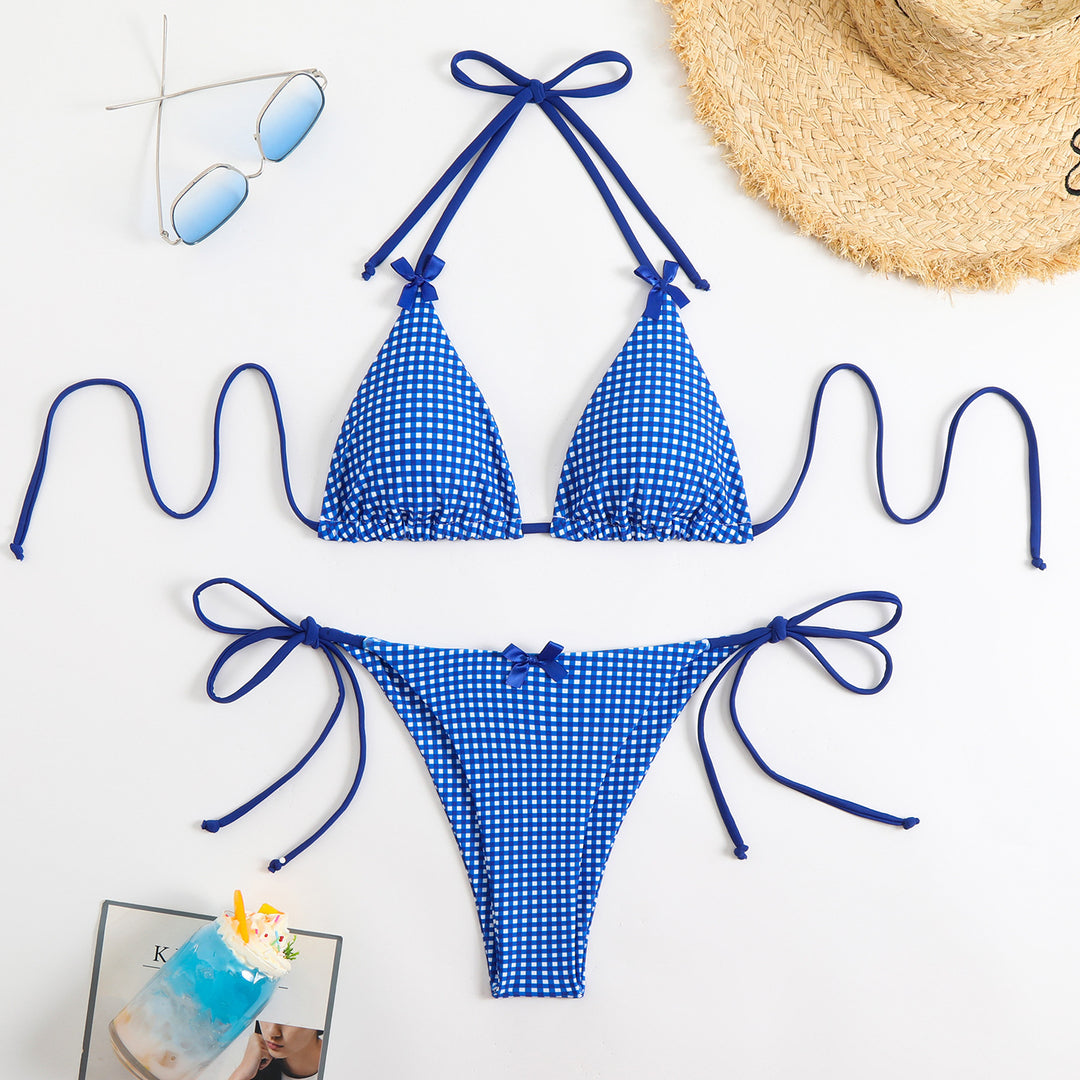 Damen Triangel-Bikini mit kariertem Muster und verspielten Schleifen EB