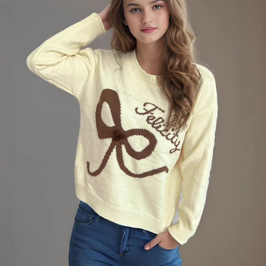 Damen kuscheliger Pullover mit verspielt gestalteter Schleifenapplikation EB