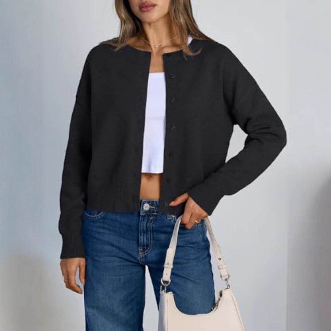 Damen Cropped Strickjacke im Boxy‑Schnitt mit Rundhals und Rippbündchen EB