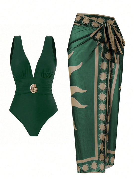 Damen Badeanzug mit femininem Wickelrock und elegantem Schmuckdetail EB