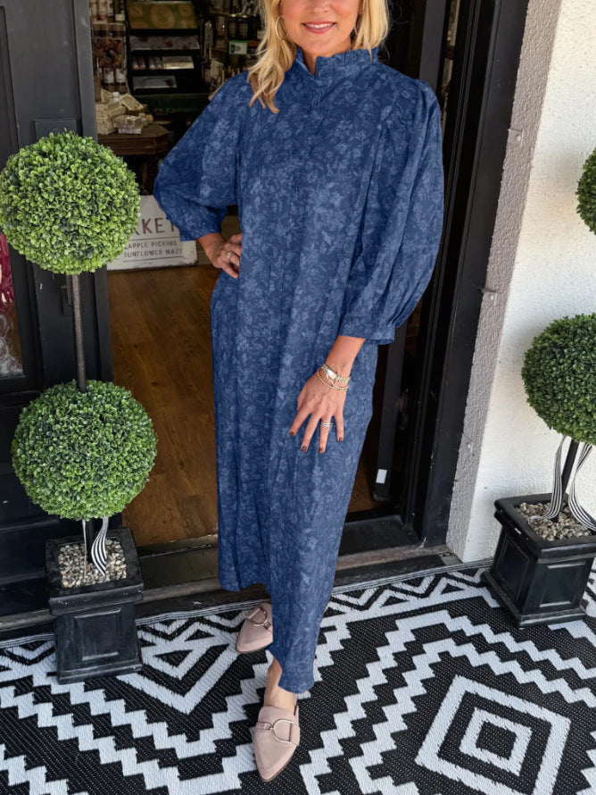 Damen Elegantes Maxikleid mit Stehkragen und weiten Ärmeln EB