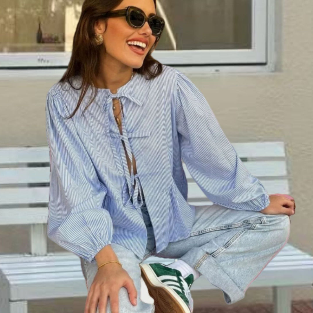 Damen Bluse mit Volantärmeln und Schleifenband EB