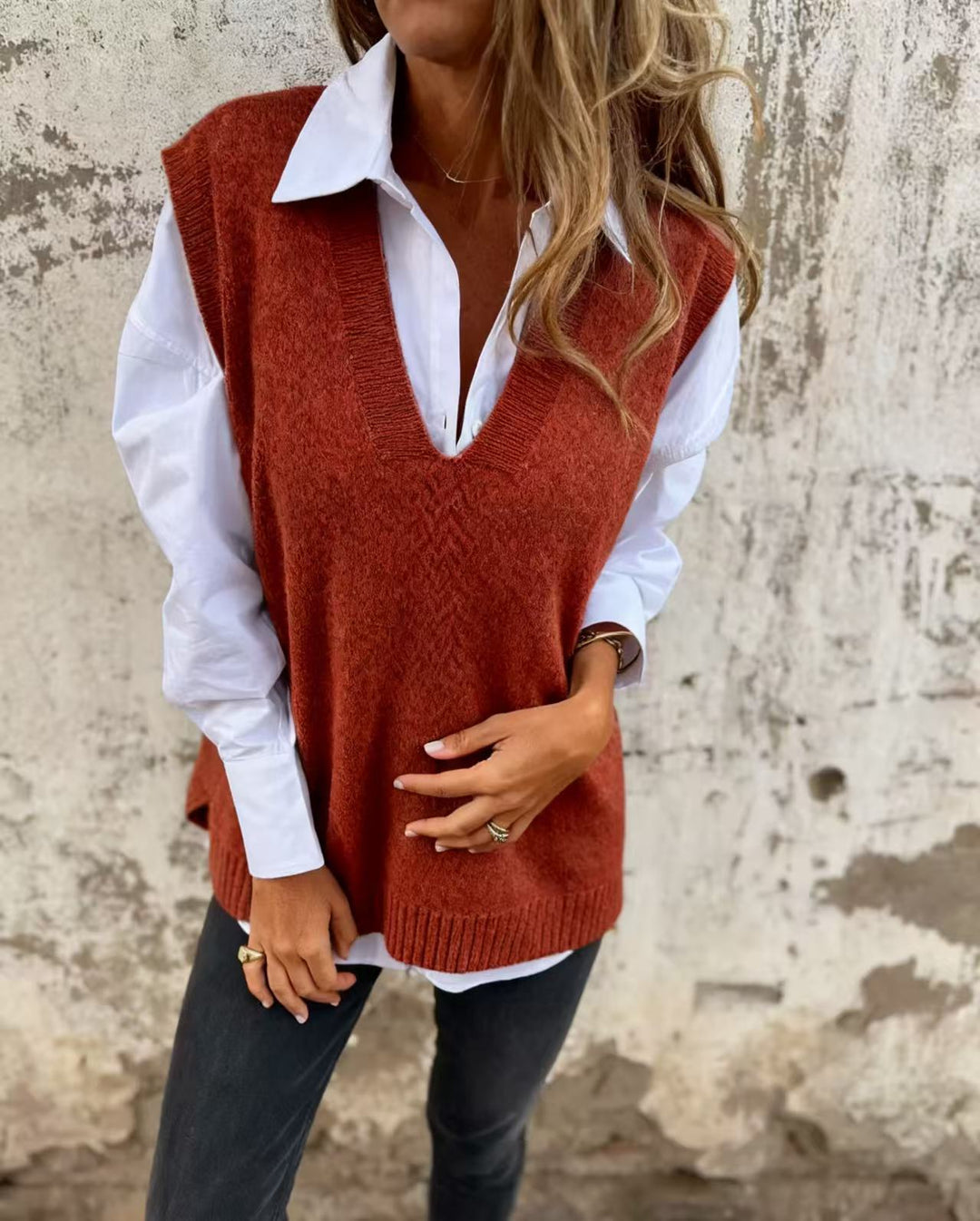 Damen lässiger Strickpullover mit V-Ausschnitt EB