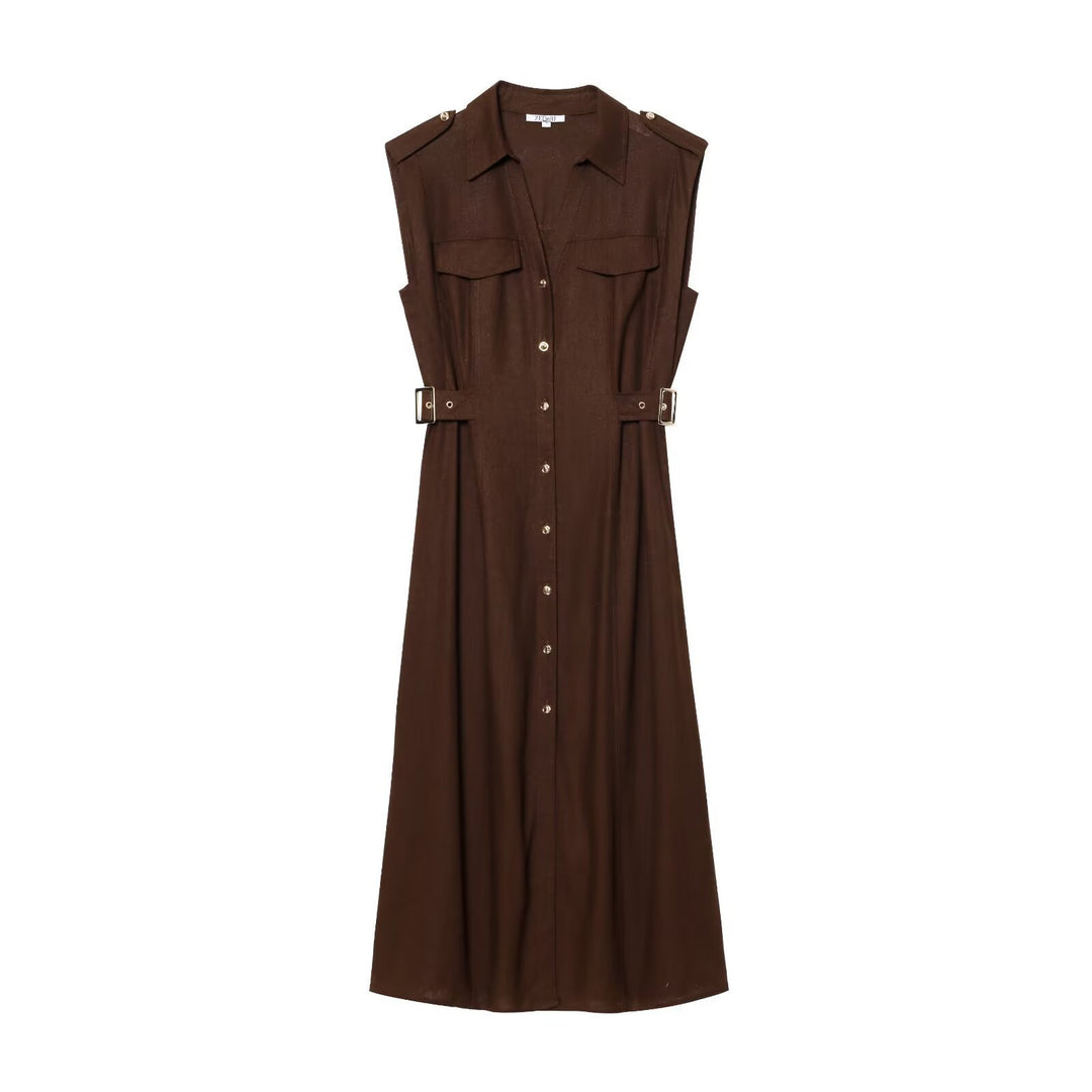 Damen Maxikleid mit dekorativen Taschen und Gürtel EB