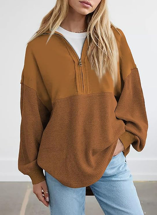 Damen lässiger Kapuzenpullover mit halblangem Reißverschluss und strukturiertem Material EB