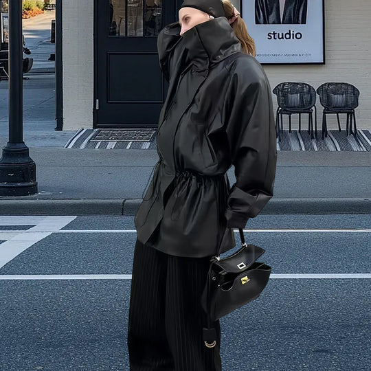 Damen Oversize-Thermojacke mit hohem Kragen und strukturierter Oberfläche EB