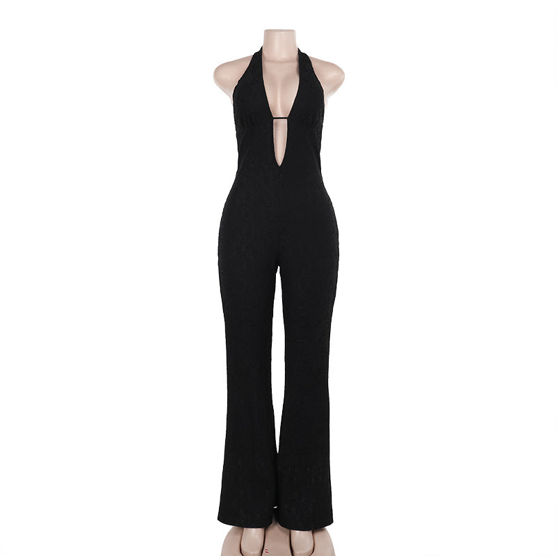 Damen eleganter Jumpsuit mit tiefem V-Ausschnitt und ausgestelltem Bein EB