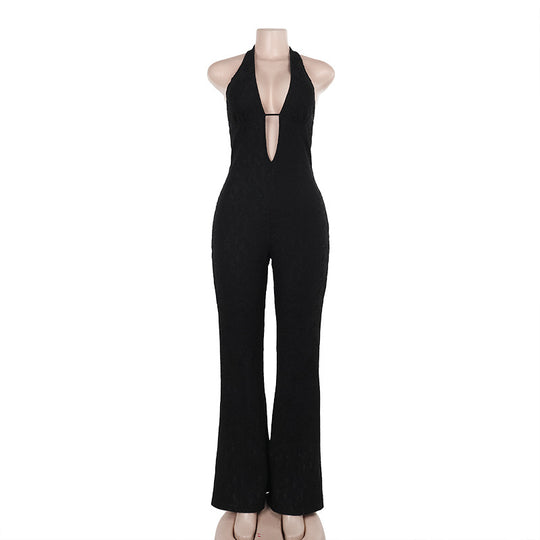 Damen Eleganter Jumpsuit mit tiefem V-Ausschnitt und figurbetonter Silhouette EB