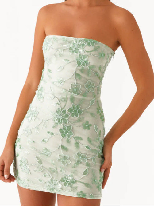 Damen Elegantes Bandeau-Minikleid mit floralem Pailletten-Design EB