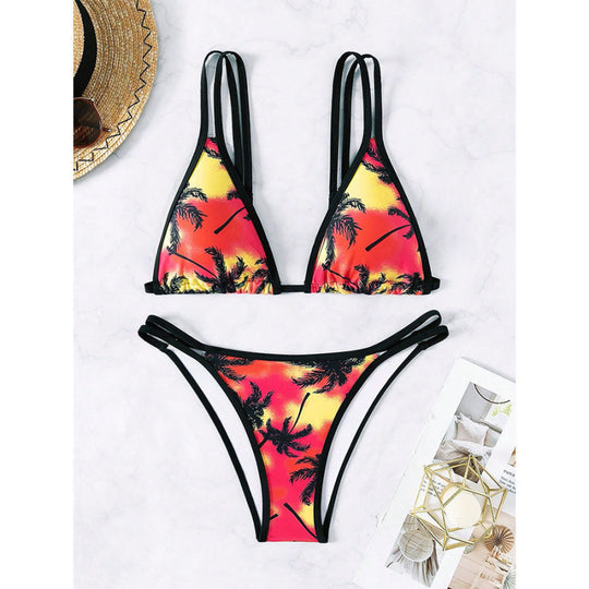 Damen Triangel-Bikini mit stylischem Schnitt und palmendruck EB
