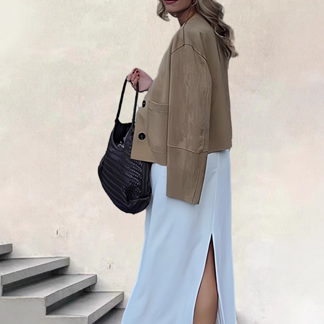 Damen modische Kurzjacke mit eleganten Knopfdetails und praktischen Taschen EB