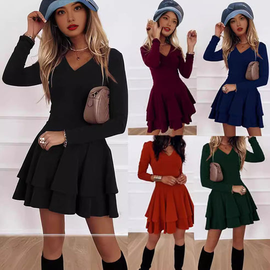 Damen V-Ausschnitt Kleid mit voluminösem Stufenrock EB