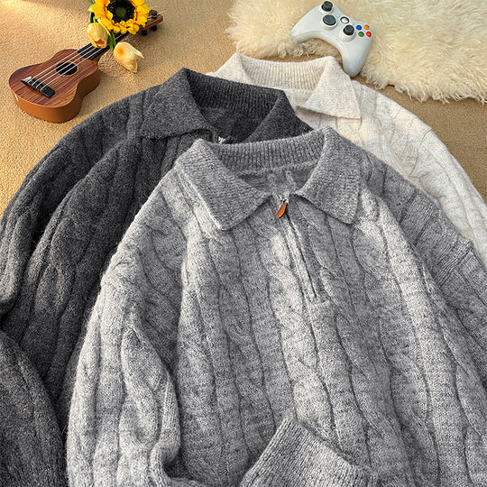 Damen Hochwertiger Strickpullover mit kurzem Reißverschluss und klassischem Kragen EB