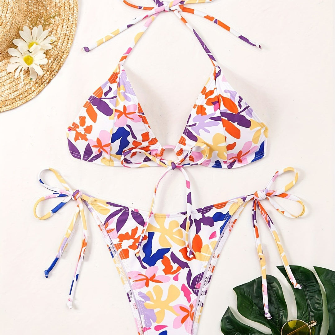 Damen Triangel-Bikini mit verstellbaren Schnüren und fröhlichem Blumenmuster EB