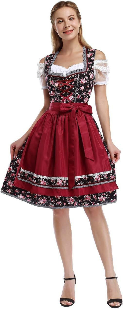 Damen nan traditionelles Dirndlkleid mit Schnürung, floraler Baumwollqualität und Schleifen-Schürze EB