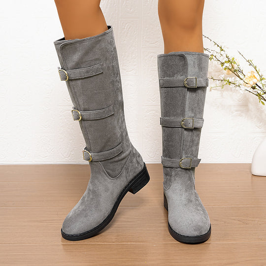 Damen Modische Stiefel mit dekorativen Schnallen und komfortablem Blockabsatz EB