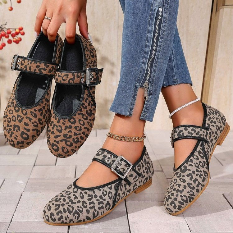 Damen Mary Jane Ballerinas mit modischem Leopardenmuster und bequemer Schnalle EB