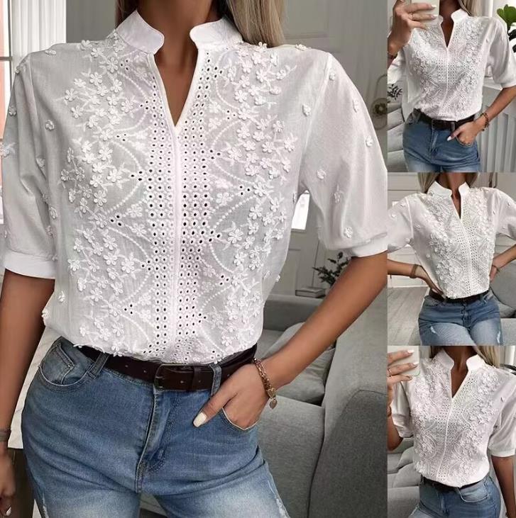 Damen Bluse mit gesticktem Detail und Knopfleiste EB