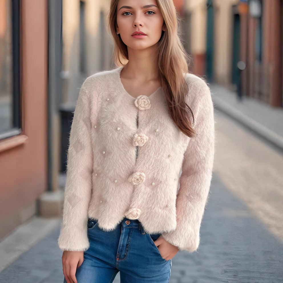 Damen Strickjacke mit floralen Applikationen und perlverzierter Detail EB