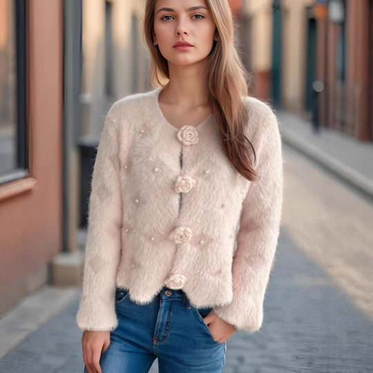Damen Strickjacke mit floralen Applikationen und perlverzierter Detail EB