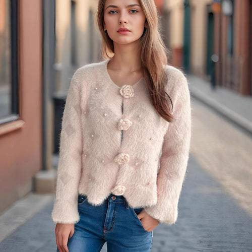 Damen Strickjacke mit floralen Applikationen und perlverzierter Detail EB