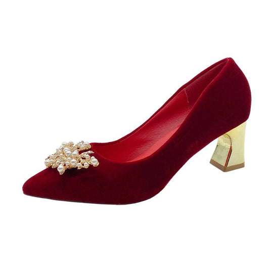 Damen elegante Velours-Pumps mit luxuriösem Perlen-Schmuckdetail EB