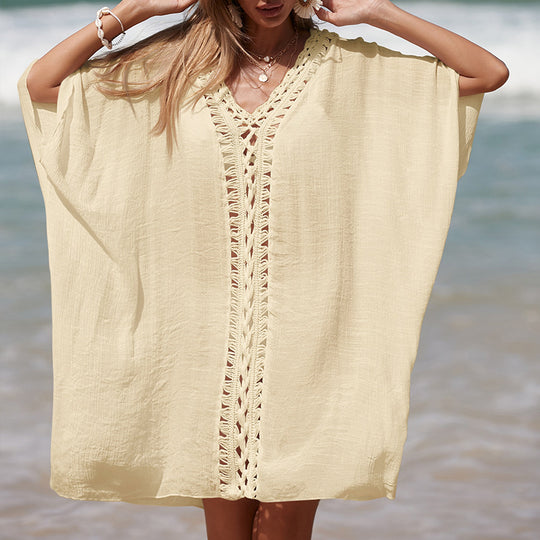 Damen eleganter Strandponcho mit raffinierten Häkelakzenten und tiefem V-Ausschnitt EB
