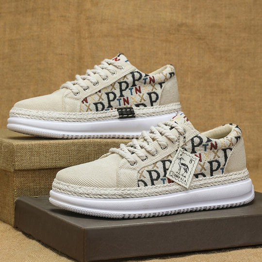 Damen Plateau-Espadrille-Sneaker mit geflochtenem Jute-Detail und monogramm-Canvas EB