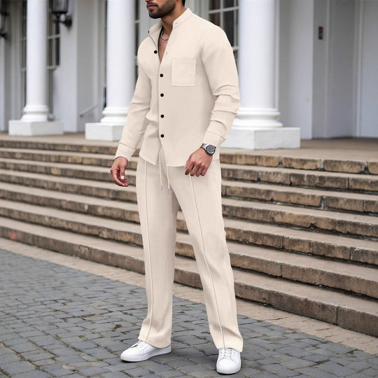Herren nan lässiges Hemd-Hose Lounge-Set aus strukturiertem Baumwollmischgewebe EB