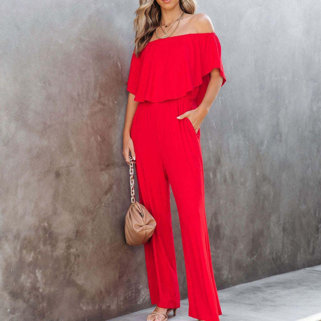 Damen Off-Shoulder Jumpsuit mit weichem Stoff und elastischem Bund EB