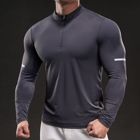 Herren Atmungsaktives Longsleeve Trainingsshirt mit Stehkragen und Kurz-Reißverschluss EB