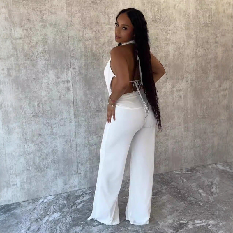 Damen Eleganter Deep-V Jumpsuit mit geschwungenem Rücken und weit geschnittenen Beinen EB