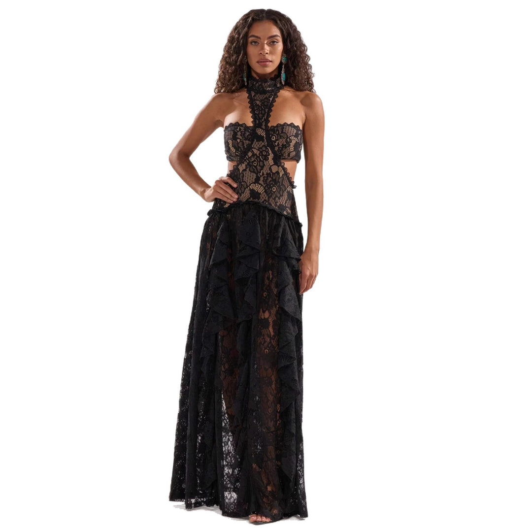 Damen elegante Spitzentraumkleid mit hochgeschlossenem Kragen und fließendem Rock EB