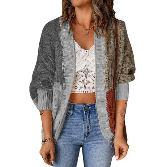 Damen lässige Strickjacke mit buntem Patchwork-Design und weitem Schnitt EB