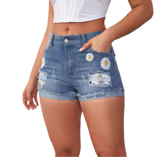 Damen Jeansshorts mit auffälligen Blumenstickereien und lässigem Saum EB