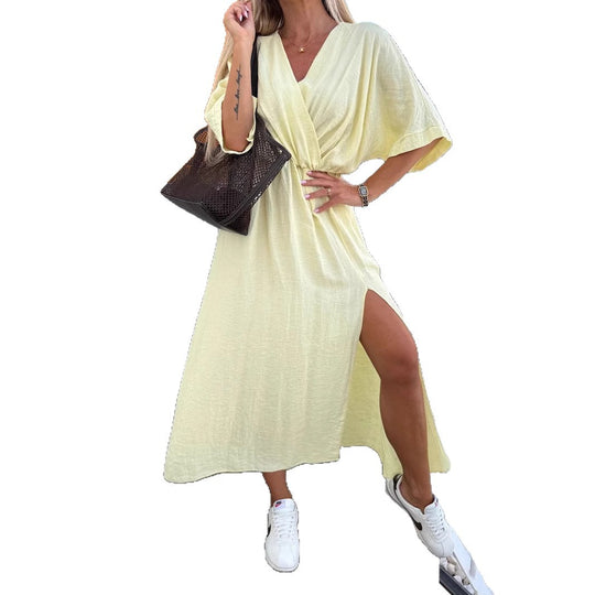 Damen lässiges Maxi-Kleid mit tiefem V-Ausschnitt und elastischem Taillenbund EB