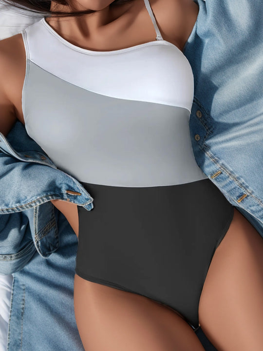 Damen Einseitiger Badeanzug mit modernem Farbblock-Design EB