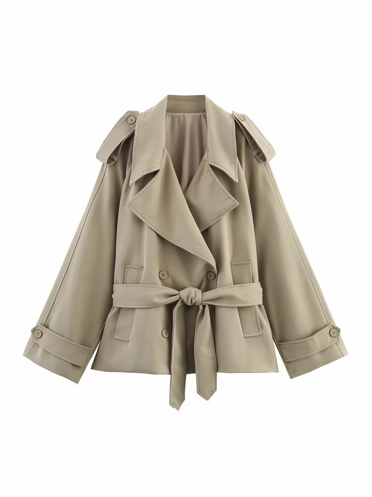 Damen nan kurze Trenchcoat-Jacke mit Taillengürtel und Doppelreiher EB