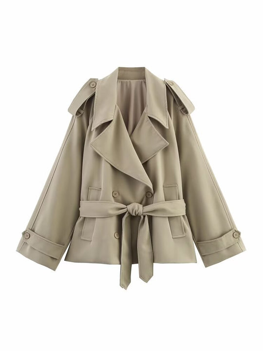 Damen nan kurze Trenchcoat-Jacke mit Taillengürtel und Doppelreiher EB
