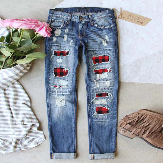Damen Ripped Jeans mit karierten Akzenten und modischen Destroyed-Details EB