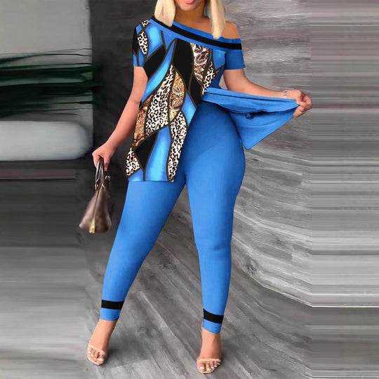 Damen modernes und elegantes Set mit asymmetrischem Oberteil und figurbetonten Hosen EB