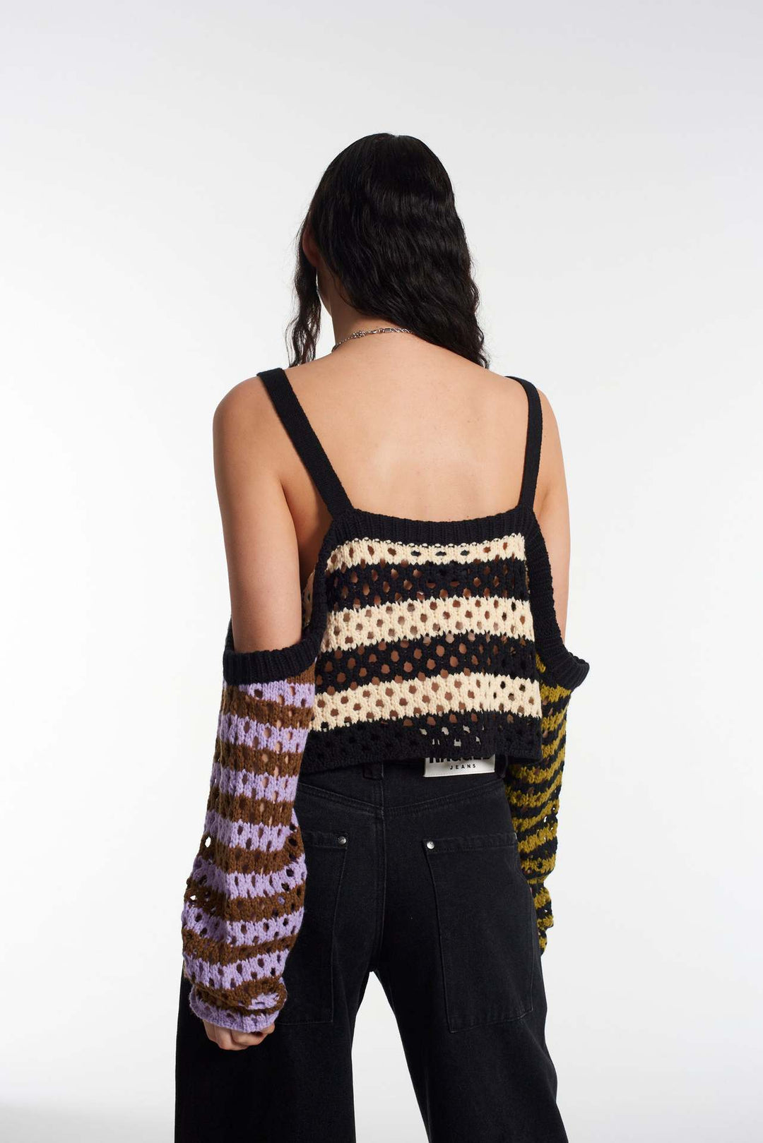 Damen gehäkeltes Crop-Top mit kreativen Streifen und dekorativen Ärmeln EB