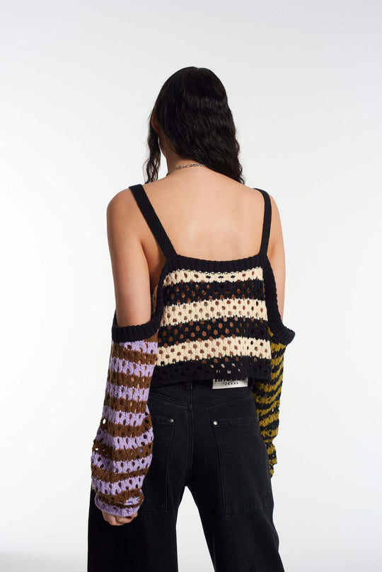Damen gehäkeltes Crop-Top mit kreativen Streifen und dekorativen Ärmeln EB