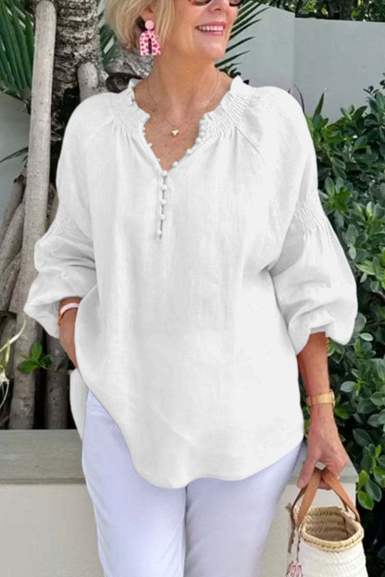 Damen lässige Kleidungsbluse mit Ballonärmeln und Knopfleiste EB
