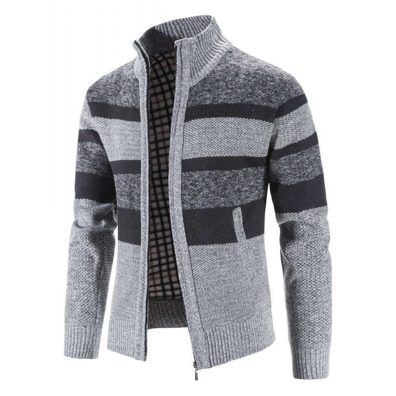 Herren modischer Strickpullover mit durchgehendem Reißverschluss und gestreiftem Design EB