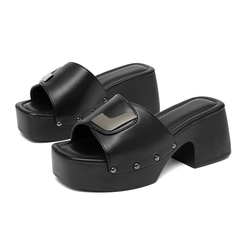 Damen modische Mules mit goldfarbener Schnalle und breitem Blockabsatz EB