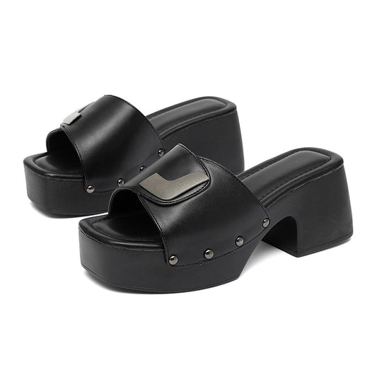 Damen modische Mules mit goldfarbener Schnalle und breitem Blockabsatz EB