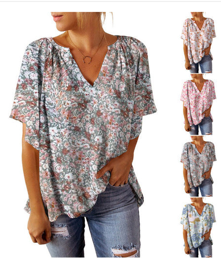 Damen Blusenshirt mit floralem Design und V-Ausschnitt EB