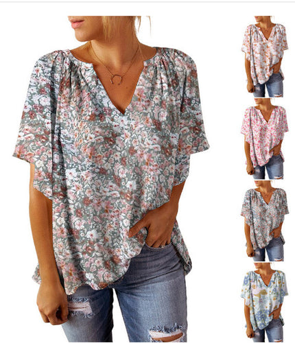 Damen Blusenshirt mit floralem Design und V-Ausschnitt EB